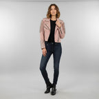 Women's Pink Studded Moto Leather Jacket - Front