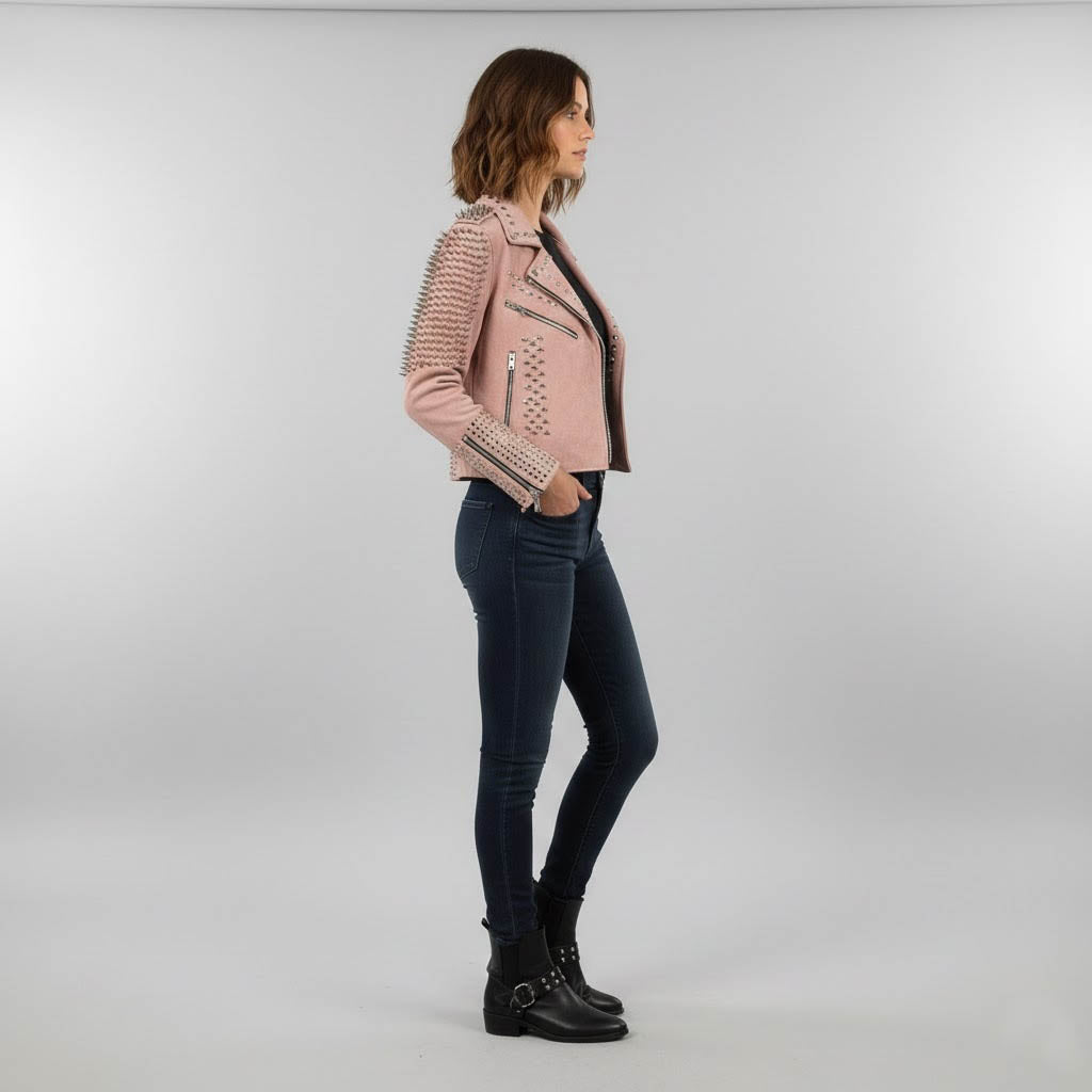 Women's Pink Studded Moto Leather Jacket - Left