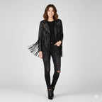 Women's Black Leather Fringe Jacket - Front