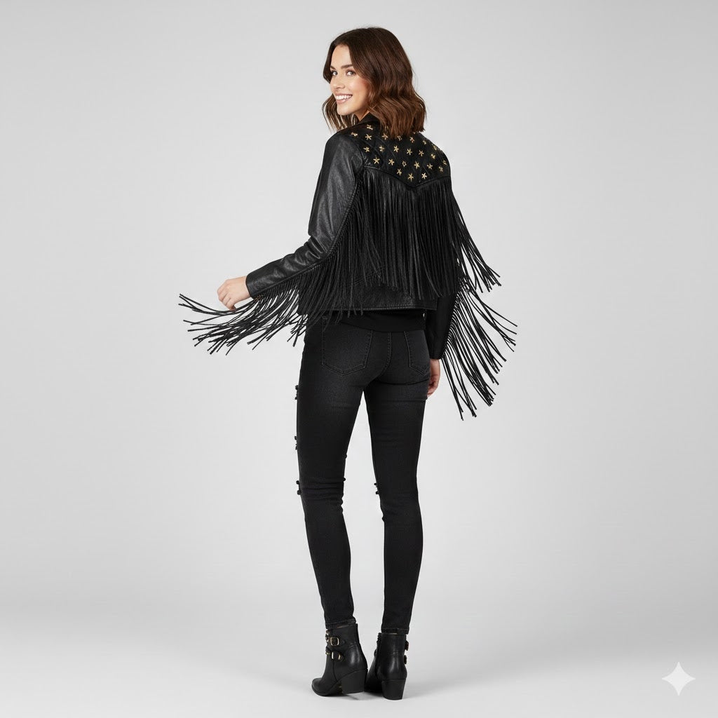 Women's Black Leather Fringe Jacket - Back