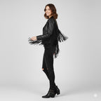 Women's Black Leather Fringe Jacket - Left