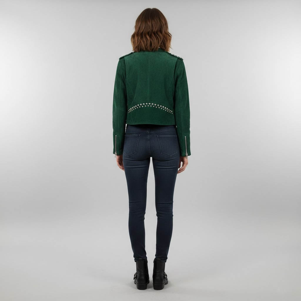 Women's Emerald Studded Moto Leather Jacket - Back