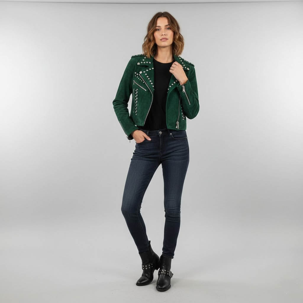 Women's Emerald Studded Moto Leather Jacket - Front