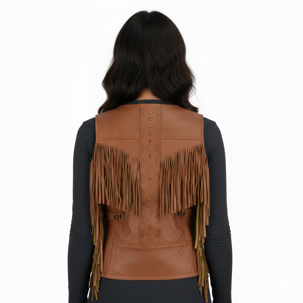 Women's Brown Leather Vest - Back