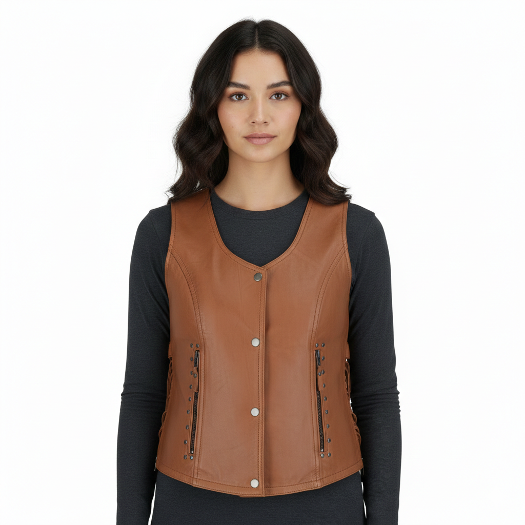 Women's Brown Leather Vest - Front
