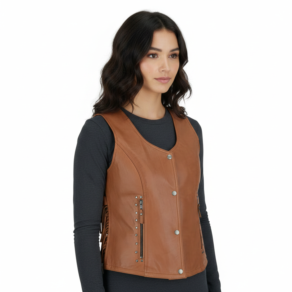 Women's Brown Leather Vest - Left