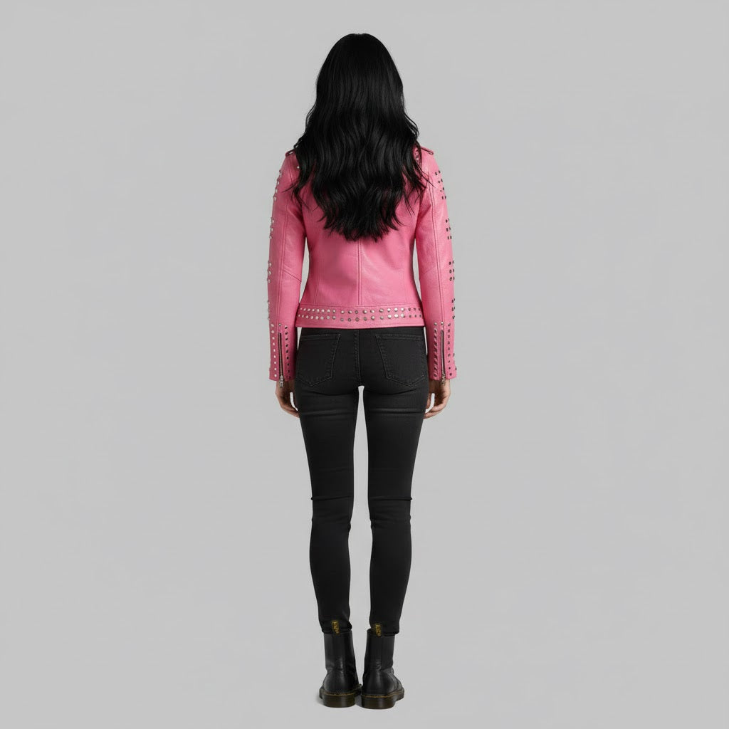 Hot Pink Studded Leather Jacket - Back