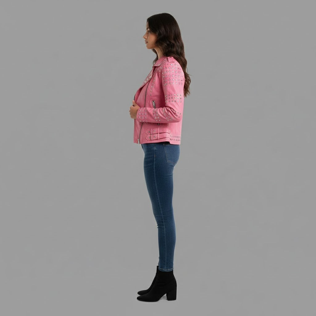 Hot Pink Studded Leather Jacket - Left