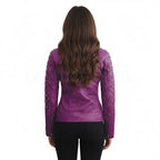 Women's Purple Studded Quilted Leather Jacket - Back