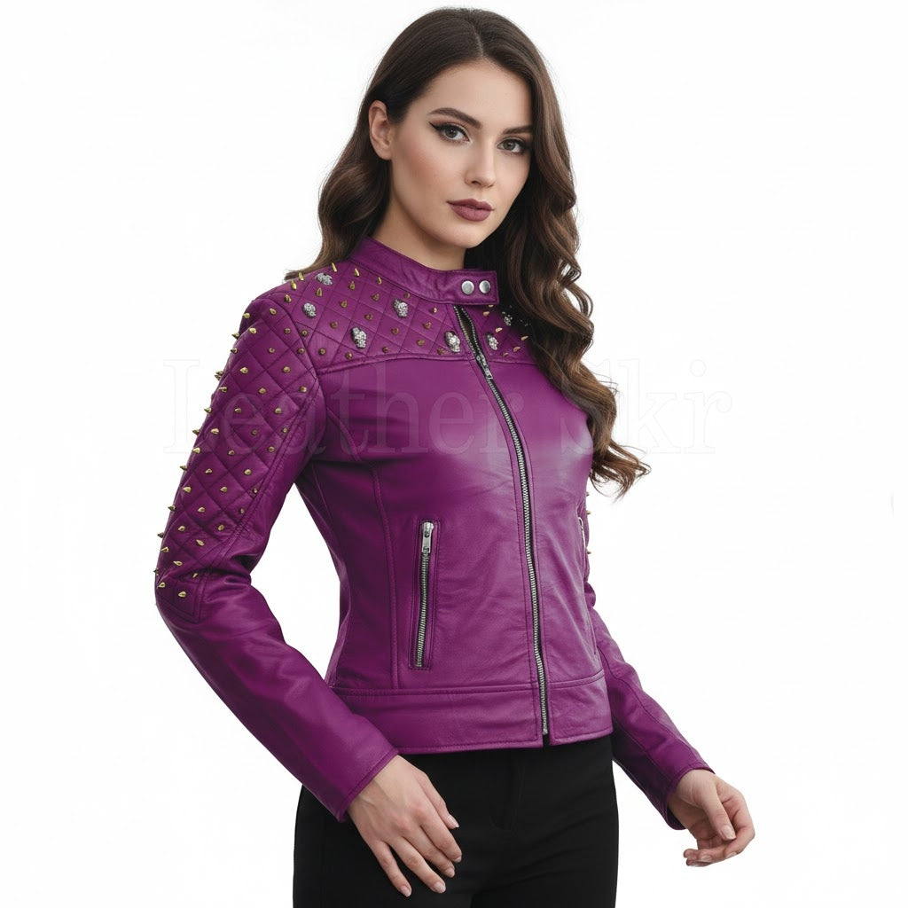 Women's Purple Studded Quilted Leather Jacket - Front