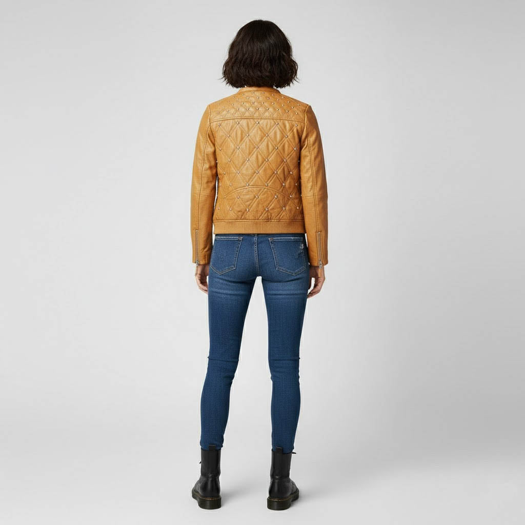 Women's Tan Beige Leather Biker Jacket - Back