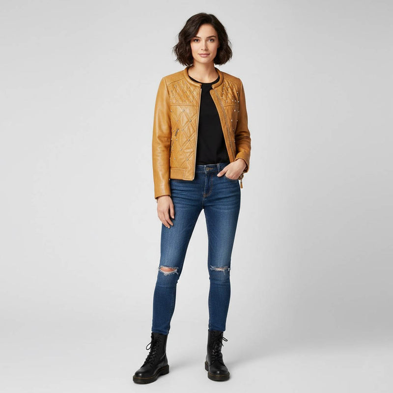 Women's Tan Beige Leather Biker Jacket - Front