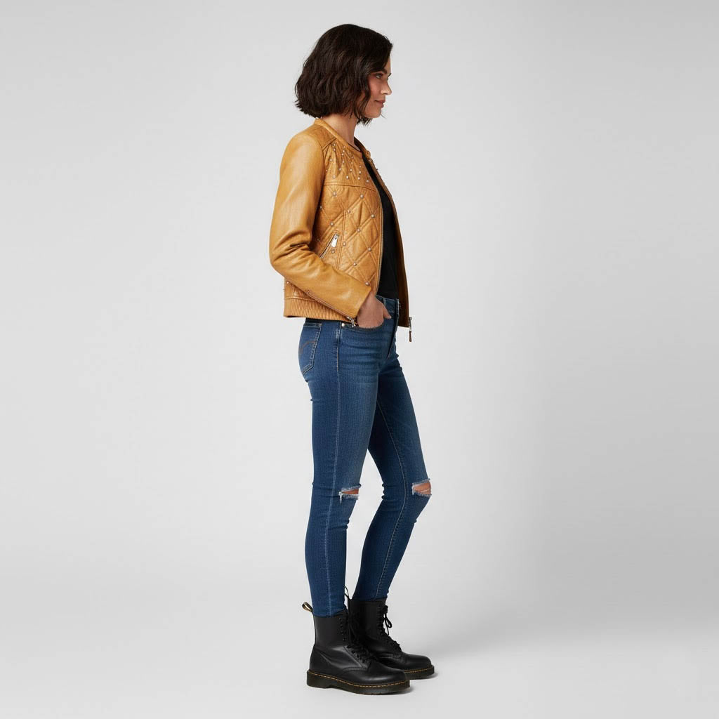 Women's Tan Beige Leather Biker Jacket - Left