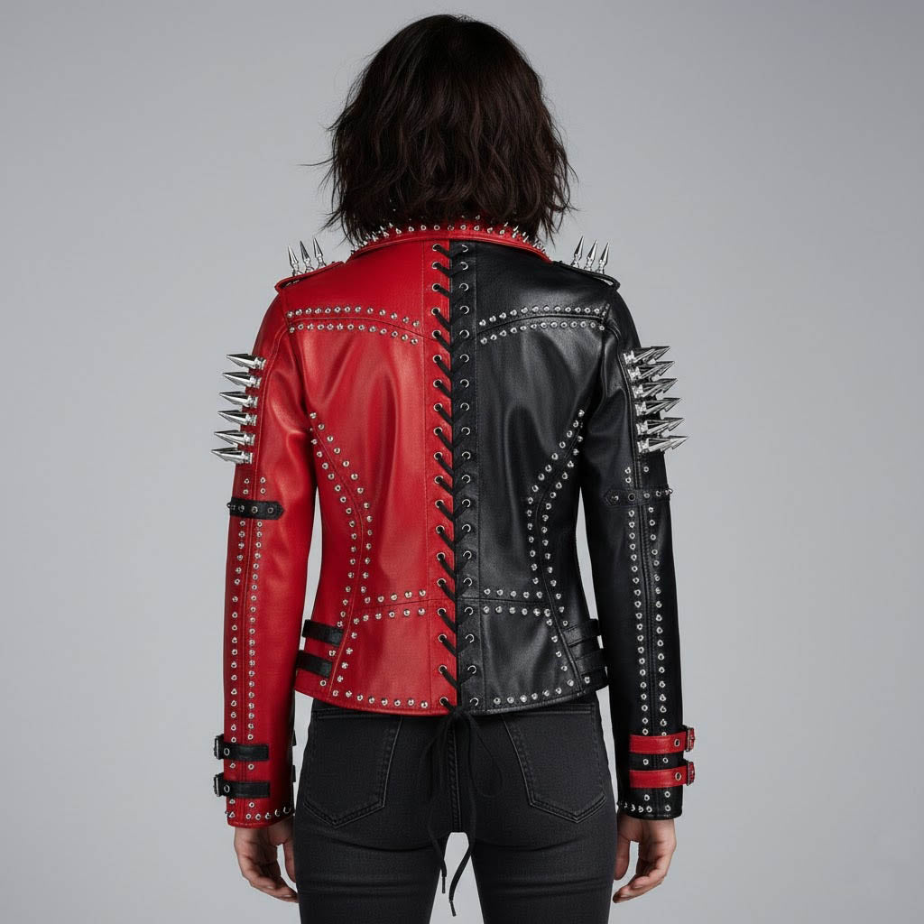 Women's Handmade Punk Studded Leather Jacket - Left