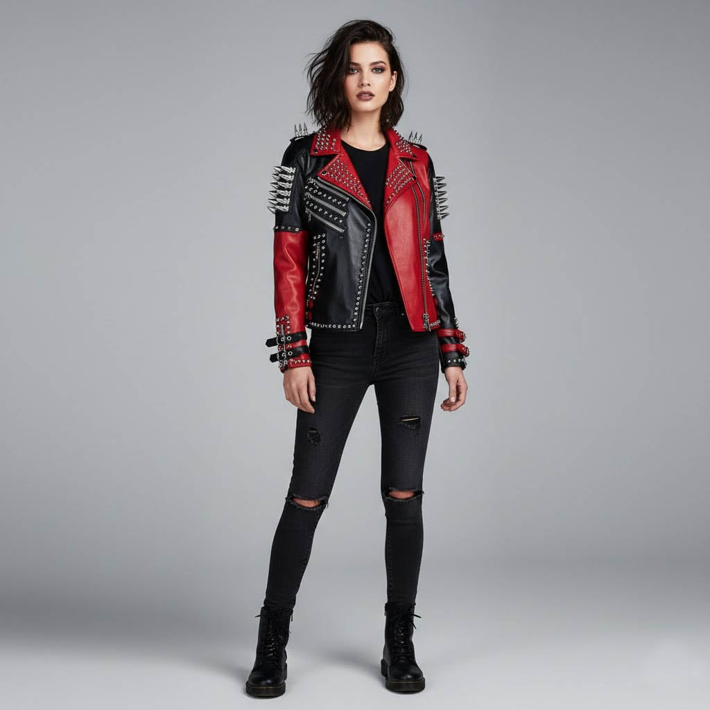 Women's Handmade Punk Studded Leather Jacket - Front