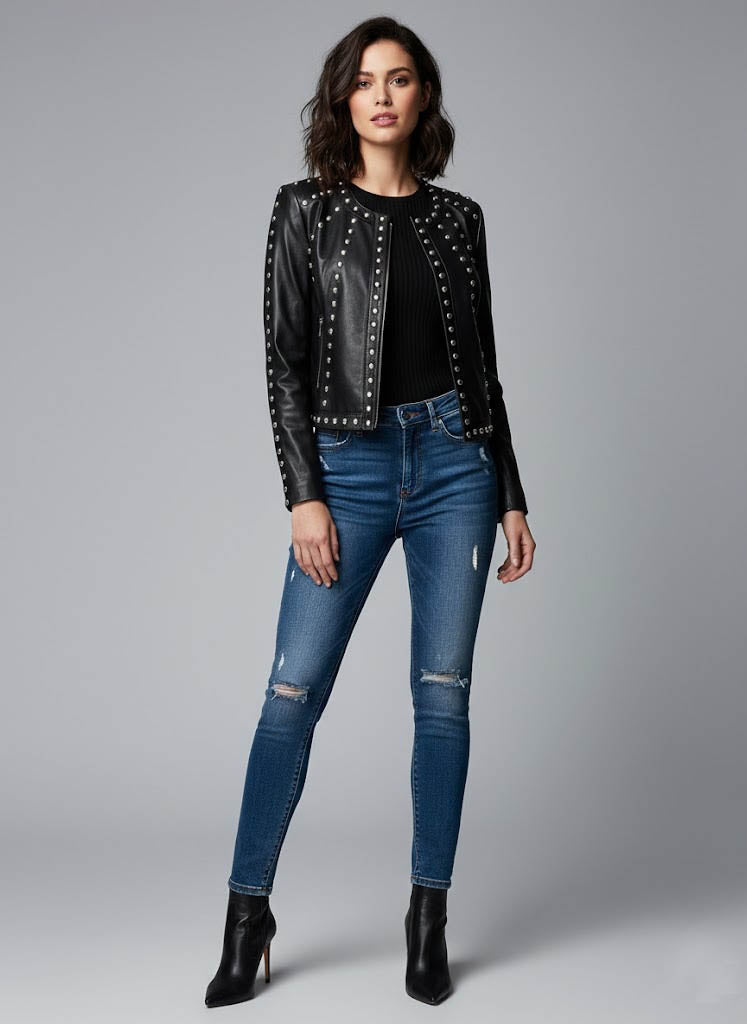 Women's Studded Leather Jackets Collection - Front