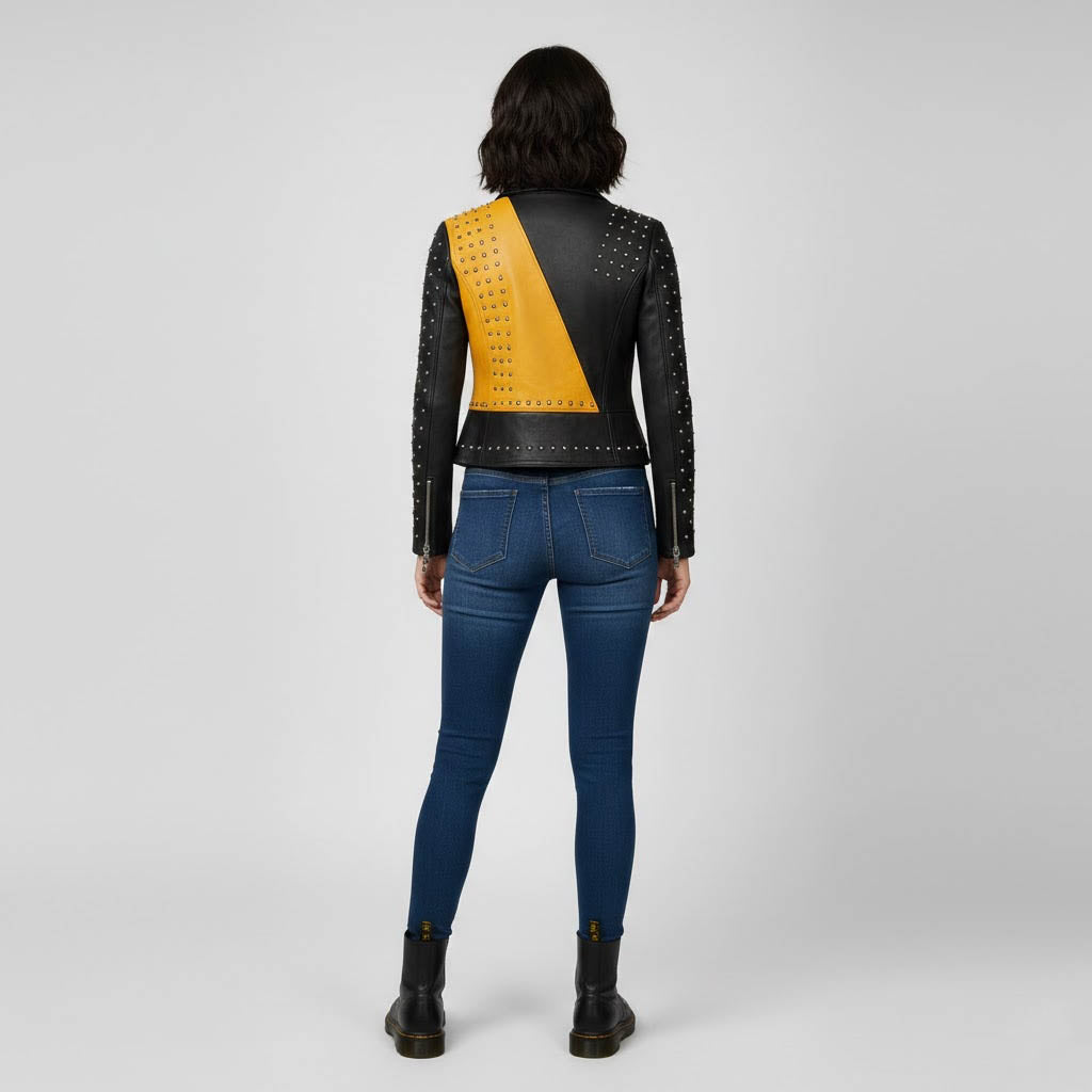 Women's Black Yellow Studded Leather Jacket - Back