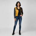 Women's Black Yellow Studded Leather Jacket - Front