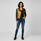 Women's Black Yellow Studded Leather Jacket - Front