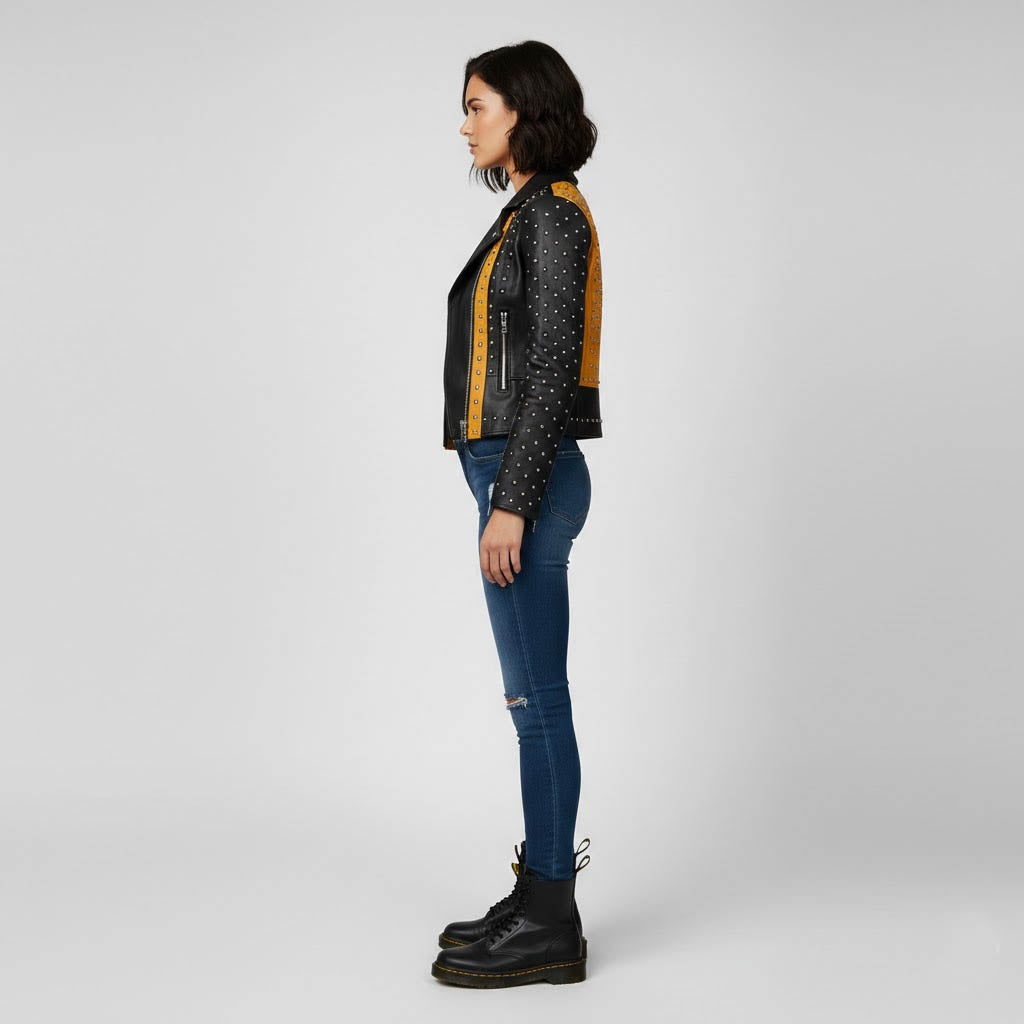 Women's Black Yellow Studded Leather Jacket - Left