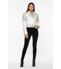 Women's White Leather Studded Jacket with Belt - Front