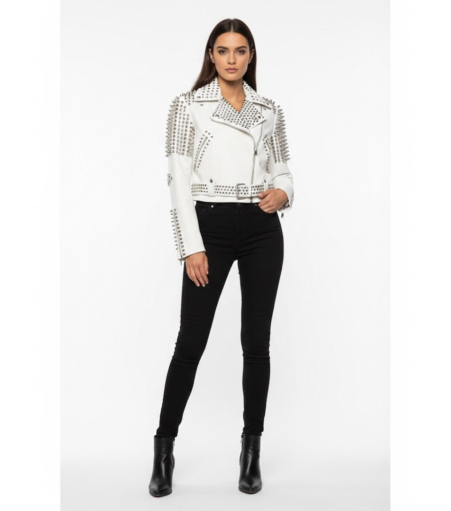 Women's White Leather Studded Jacket with Belt - Front