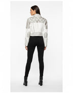 Women's White Leather Studded Jacket with Belt - Left