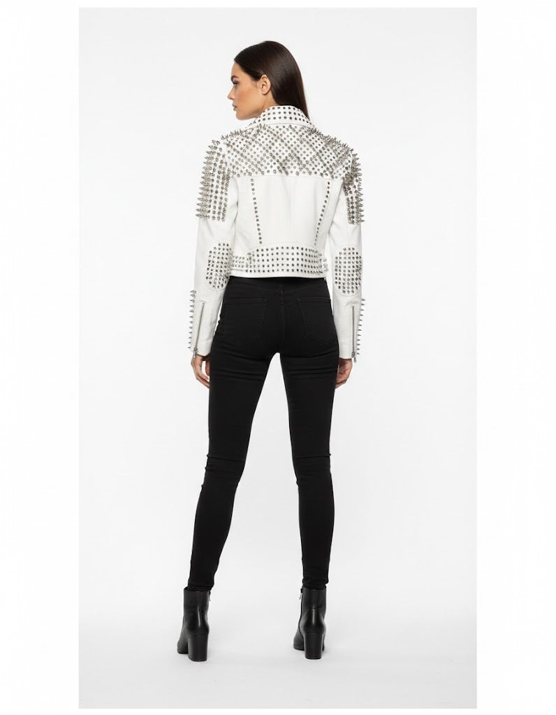 Women's White Leather Studded Jacket with Belt - Left