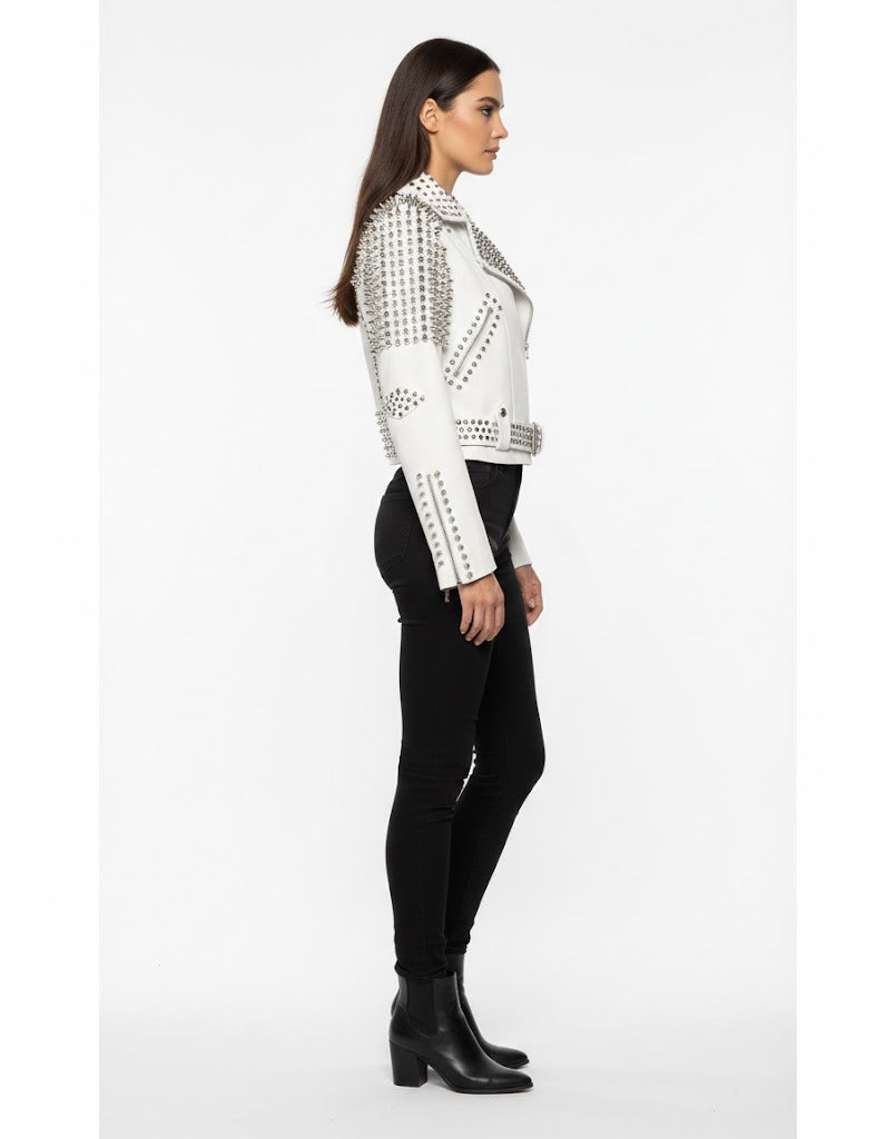 Women's White Leather Studded Jacket with Belt - Back