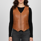Women's Brown Distressed Leather Vest - Front