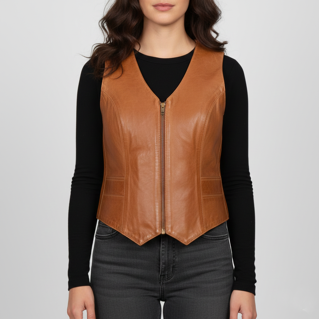 Women's Brown Distressed Leather Vest - Front