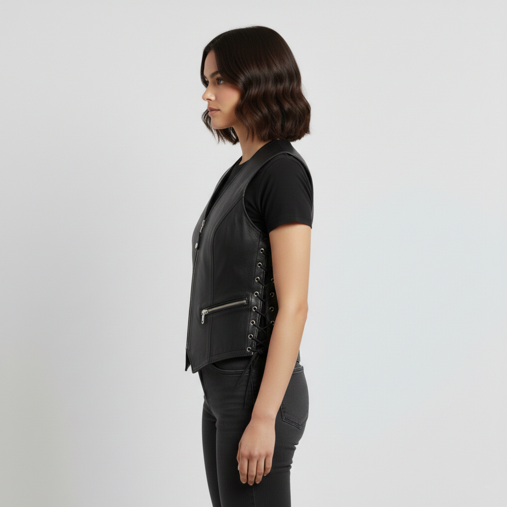 Women's Black Motorcycle Leather Vest - Left