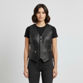 Women's Black Motorcycle Leather Vest - Front