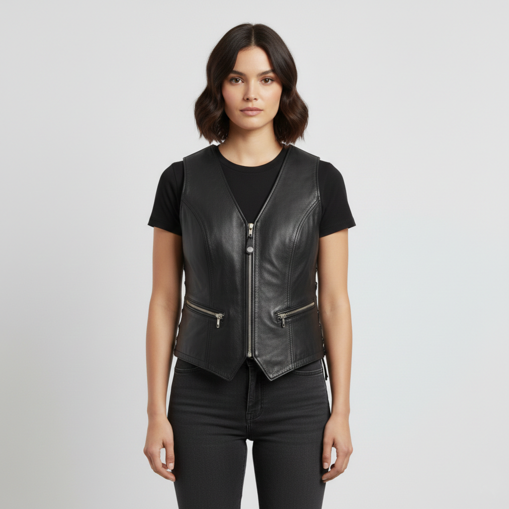 Women's Black Motorcycle Leather Vest - Front