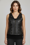 Women's Black Leather Vest with Side Laces - Front