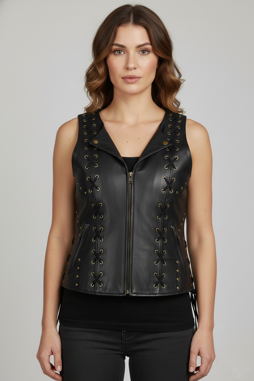 Women's Black Leather Vest with Side Laces - Front