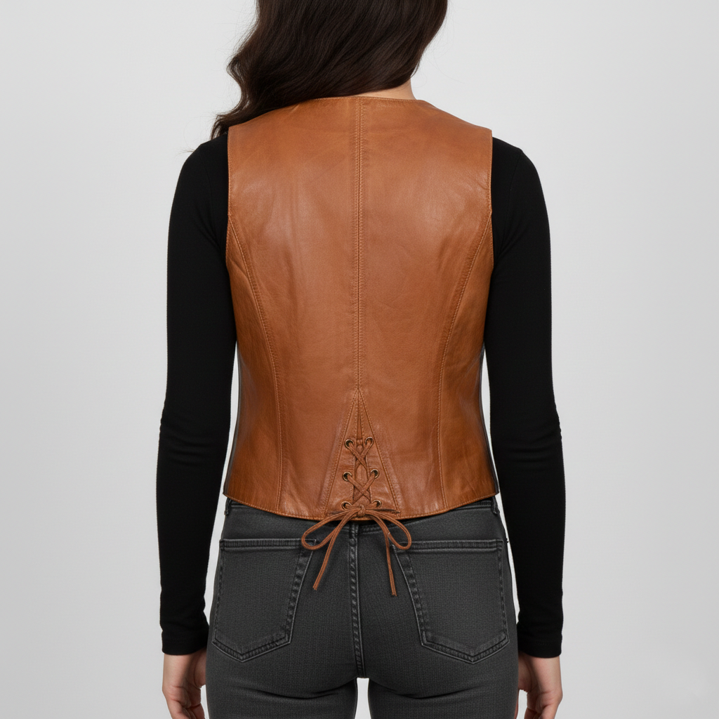 Women's Brown Distressed Leather Vest - Back