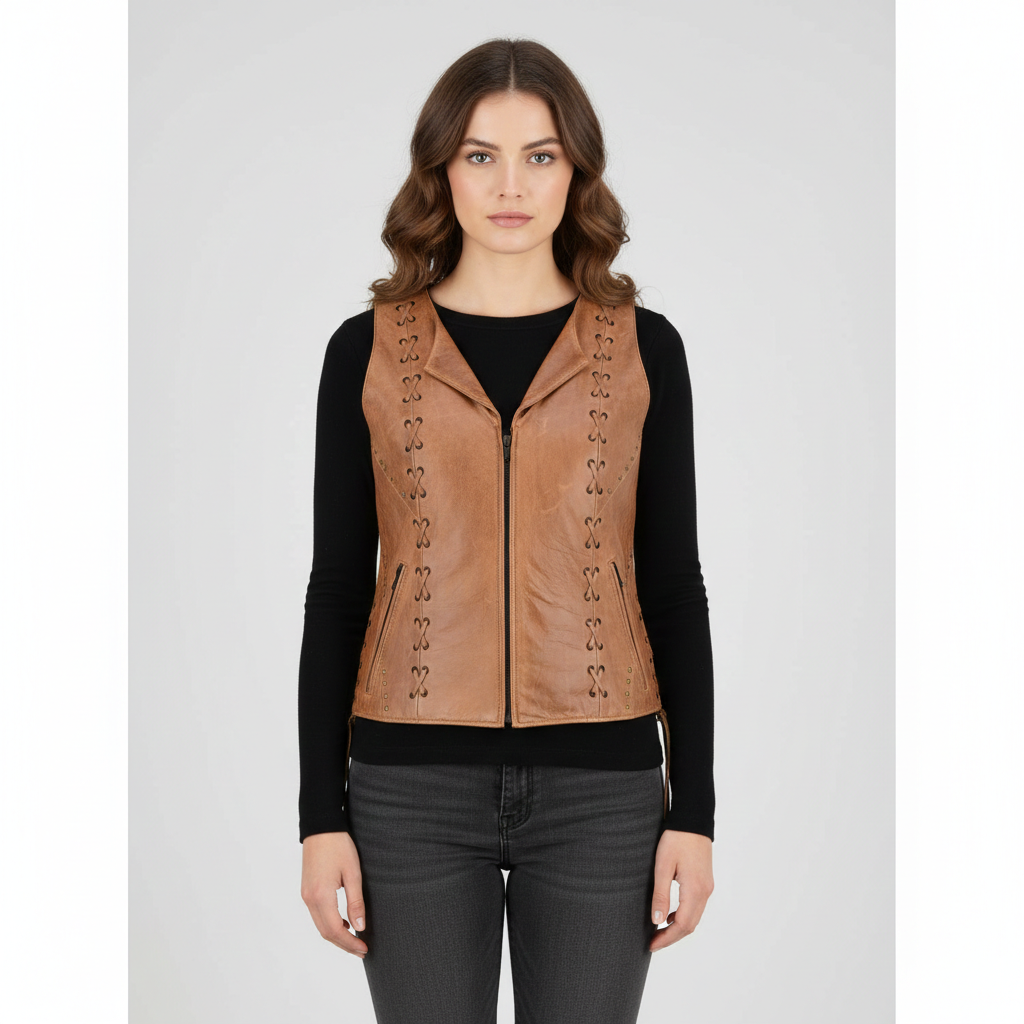 Women's Studded Distressed Leather Vest - Front