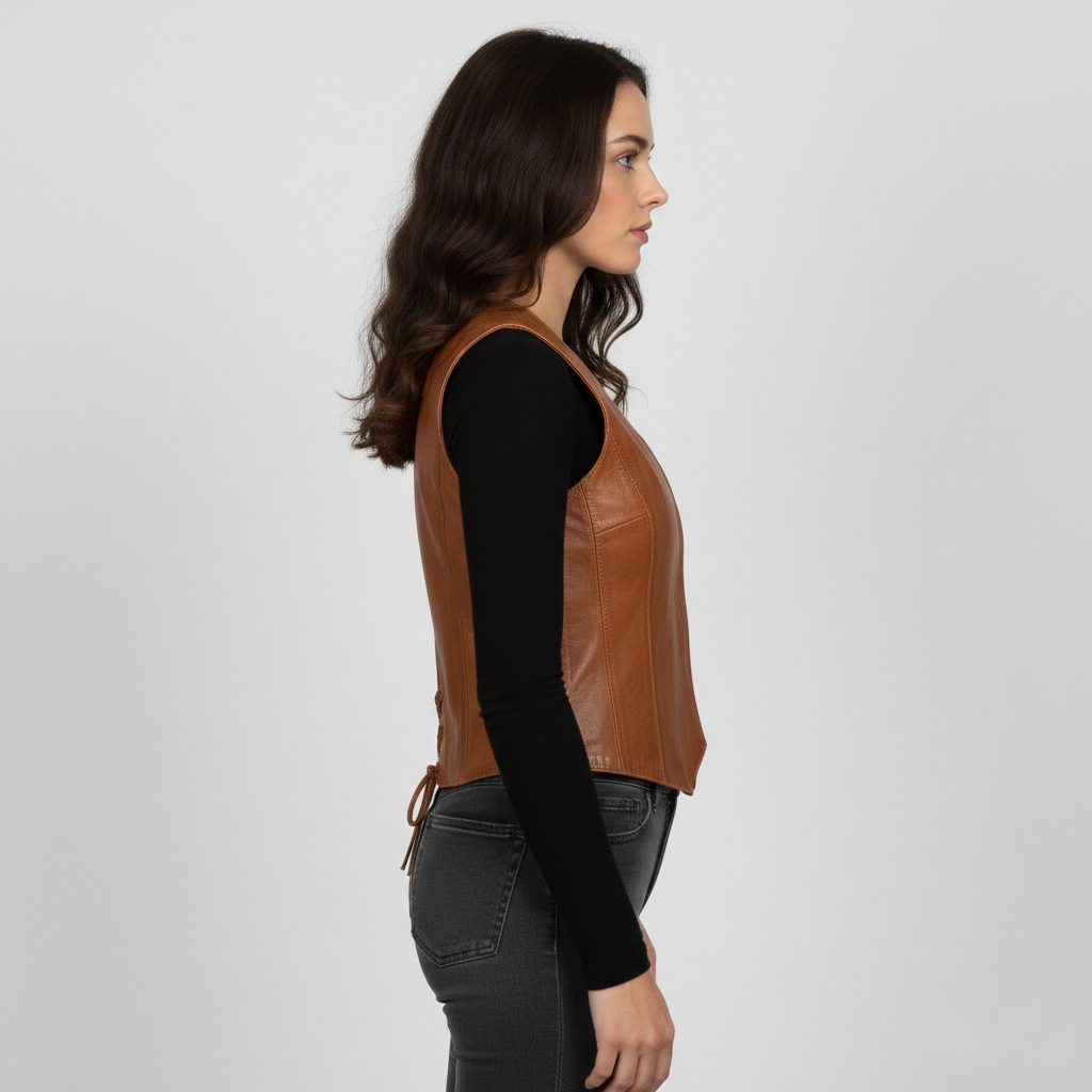 Women's Brown Distressed Leather Vest - Left