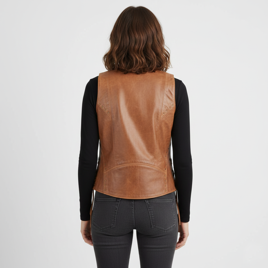 Women's Studded Distressed Leather Vest - Back