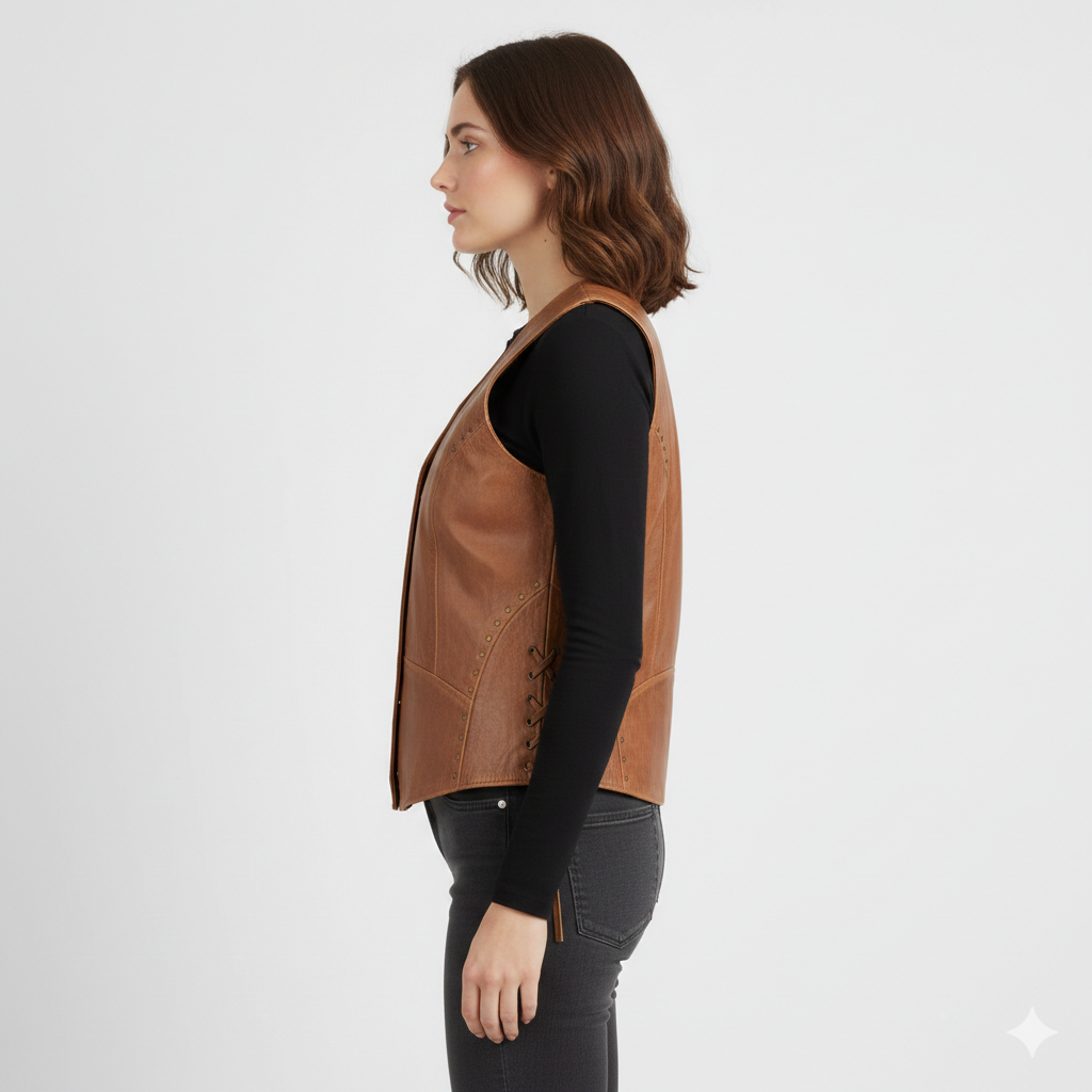 Women's Studded Distressed Leather Vest - Left