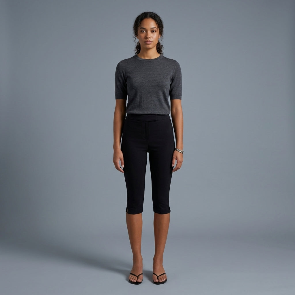 Women's Black Leather Capris - Front