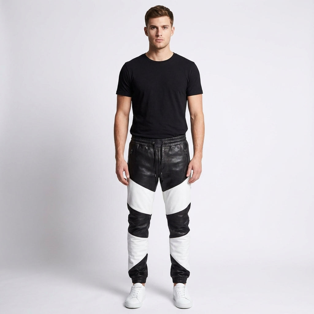 Men's Black and White Leather Pants