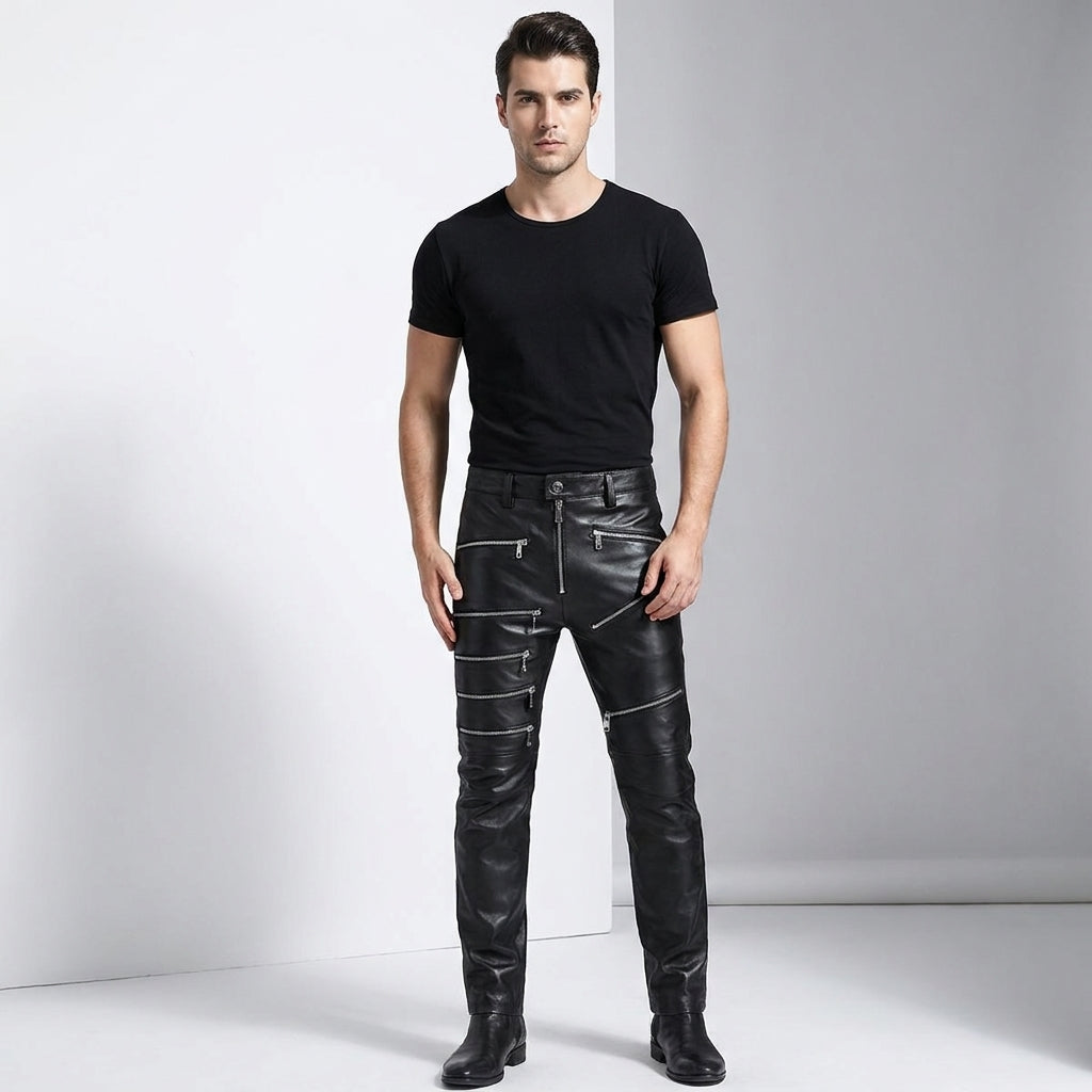 Men's Slim Fit Black Leather Pant