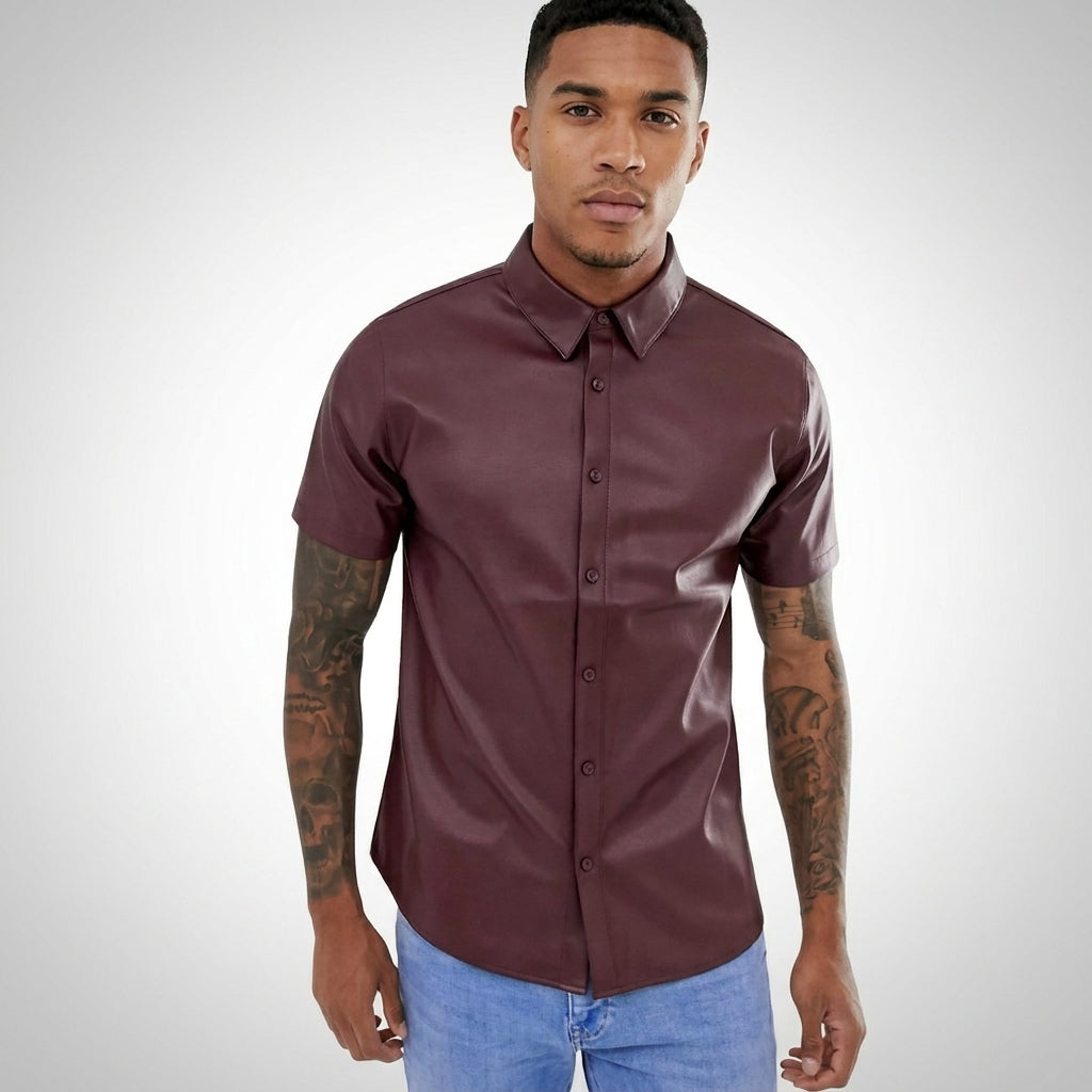 Premium Burgundy Real Leather Shirt Men
