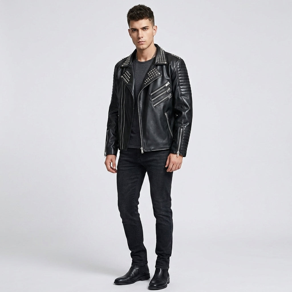 Men's Black Leather Punk Jacket