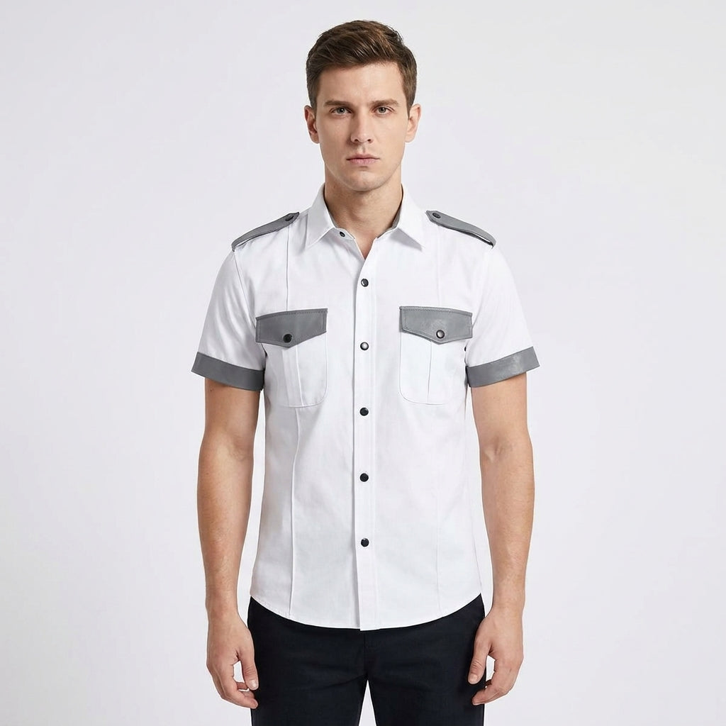 Men's Genuine Leather White Shirt Police Style