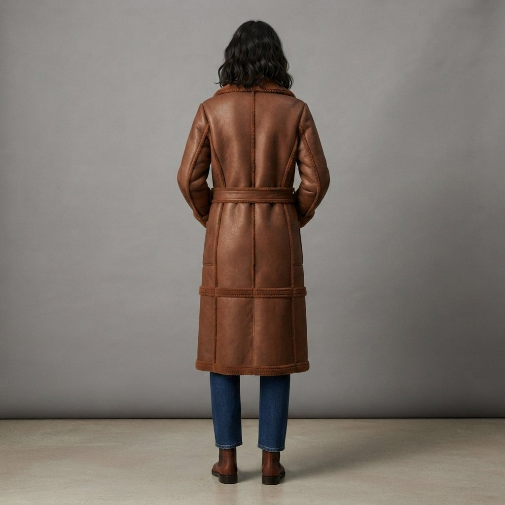 Women's Brown Shearling Leather Coat - Back