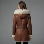 Women's Leather Shearling Coat With Fur Hood - Back