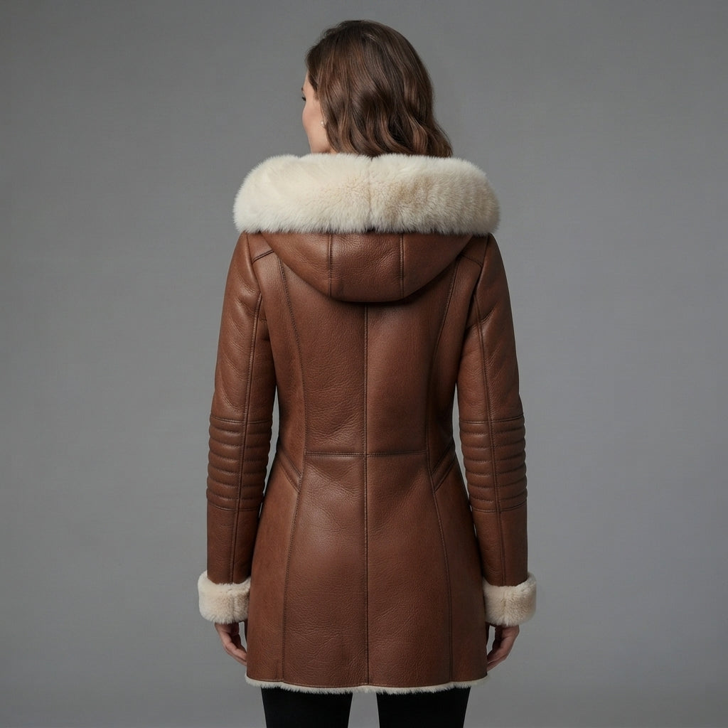 Women's Leather Shearling Coat With Fur Hood - Back